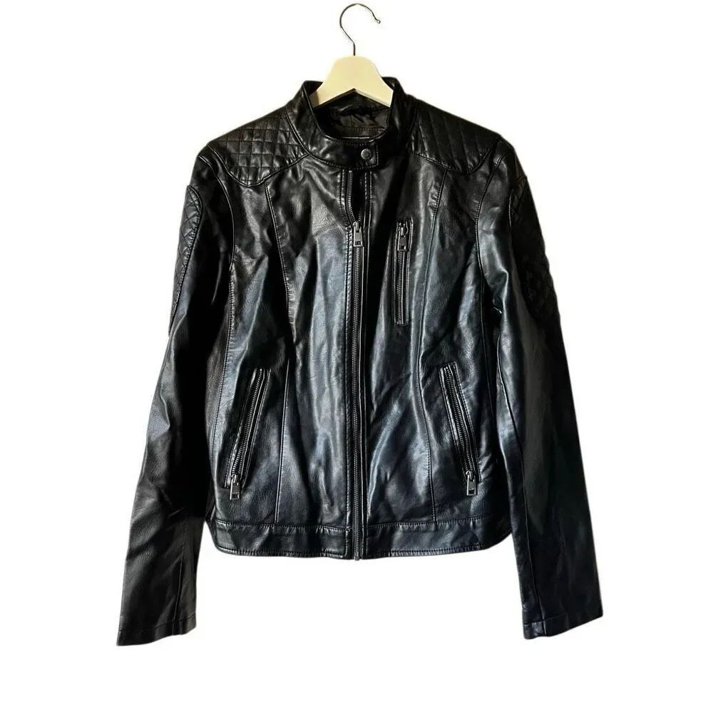 Levi’s Black Vegan Leather Moto Jacket Quilted Shoulder Zip Biker Women’s Lg